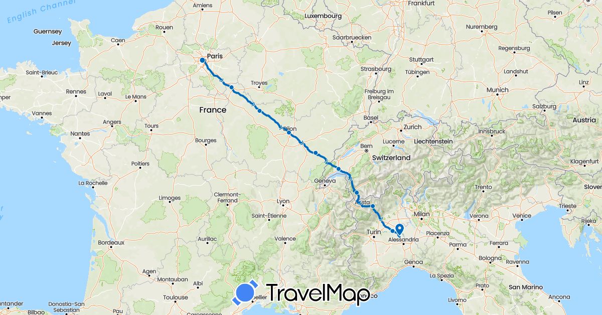 TravelMap itinerary: road running in Switzerland, France, Italy (Europe)